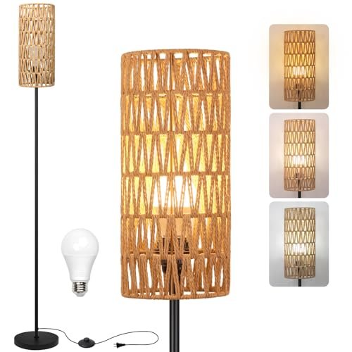 Ruiever Farmhouse Rattan Floor Lamp: Modern Black Standing Lamp with Ruiever Floor Lamp for Living Room,Farmhouse Rattan Floor lamp,Modern Standing lamp with 3 Color LED Bulb,Black Tall Lamp with Foot Switch