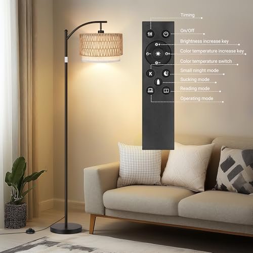 41URcxMmk8L._SL500_.jpg ROTTOGOON Rattan Floor Lamps: Boho Arc Standing Lamps with Rattan & Linen Shades, 9W Bulb, Foot Switch. Ideal for Living Room & Bedroom. - Image 8