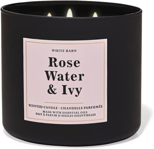 Bath & Body Works White Barn 3-Wick Candle with Essential Bath and Body Works, White Barn 3-Wick Candle w/Essential Oils - 14.5 oz - 2021 Core Scents! (Rose Water & Ivy)
