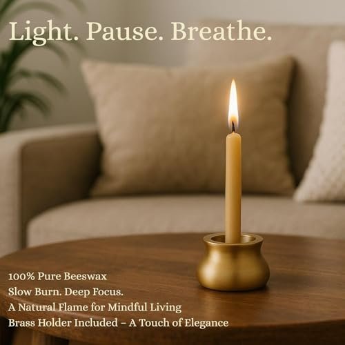 41W1kvxhLSL._SL500_.jpg Australian Made 50-Minute Pure Beeswax Candles Set of 20 with Brass Holder - Non-Toxic Stress Relief Gifts for Women. - Image 6