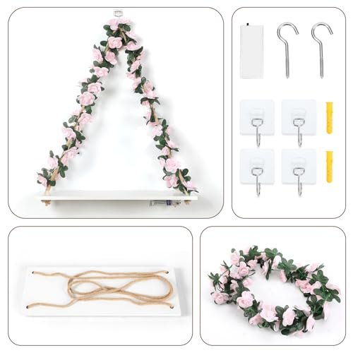 41WMuYPyjGL._SL500_.jpg No-Drill Floating Wall Shelves with Art, Leaves & Light Strip - Set of 2 Plant Decor for Home & Office, Boho Style Gifts for Women. - Image 6
