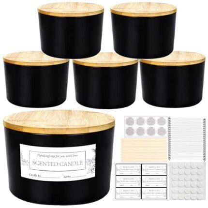 CONNOO 24oz Matte Black Glass Candle Jars 6 Pack, Multi-Wick Wide Mouth Empty Bulk Candle Containers for Making Candles with Airtight Bamboo Lids, Sticky Warning Labels, Wick kit- Dishwasher Safe