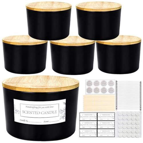 6-Pack CONNOO 24oz Matte Black Glass Candle Jars with Airtight CONNOO 24oz Matte Black Glass Candle Jars 6 Pack, Multi-Wick Wide Mouth Empty Bulk Candle Containers for Making Candles with Airtight Bamboo Lids, Sticky Warning Labels, Wick kit- Dishwasher Safe