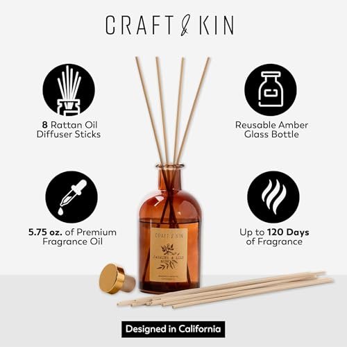 41WmLS0CR6L._SL500_.jpg Craft & Kin Lily & Jasmine Reed Diffuser | All-Natural Oil, 8 Rattan Sticks | Lasting Home Fragrance in Amber Glass, 5.75oz - Image 2
