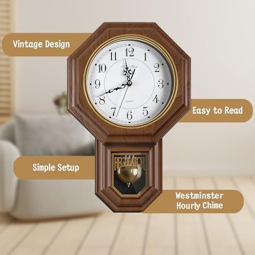 41XH9F2yIoL._SL500_.jpg KANEODOT Battery-Operated Vintage Pendulum Wall Clock | Imitation Wood Design for Home Decor - Image 6