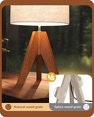41ZWl74vAL._SL500_.jpg EDISHINE Tripod Table Lamp: Charming Bedside Lamp with Beige Linen Shade, Perfect for Nursery, Bedroom, or Living Room. 14.2" with Light Brown Wooden Base and E26 Socket. - Image 3