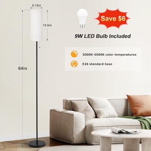 41ZbCRhjmXL._SL500_.jpg Ambimall 64" Floor Lamp with Bulb - Beige Shade, Pull Chain Switch, Minimalist Design for Living Room & Bedrooms - Image 2