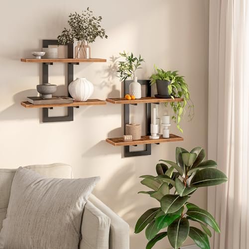 HOOBRO 15-Inch Wall Shelf Set of 2 - Rustic Brown HOOBRO Floating Shelves, 15 Inch Wall Shelf Set of 2, Wall Mounted Storage Shelves 2-Tier, Hanging Bathroom Shelves, for Living Room, Bedroom, Bathroom, Kitchen, Rustic Brown and Black BF32BJ01