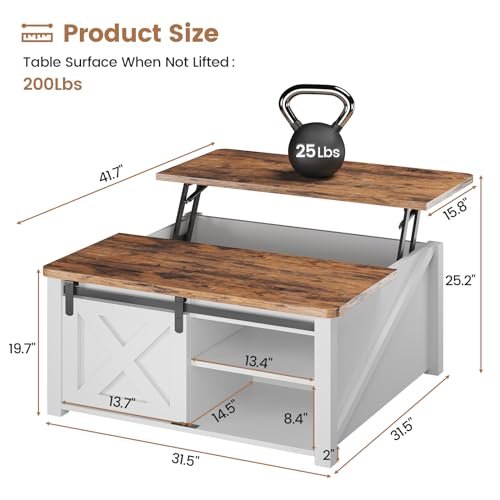 41b12RsyUnL._SL500_.jpg SEDETA 31.5" Lift Top Coffee Table: Farmhouse Design with Large Hidden Storage & Adjustable Shelves, White - Image 2