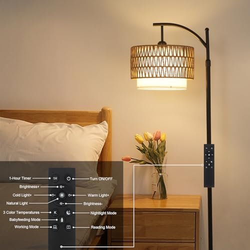 41fAheQUdML._SL500_.jpg Arc Floor Lamp for Living Room: 3 Color Temperatures, Remote-Controlled, Dimmable Bulb, Boho Style with Rattan Shades - Image 7