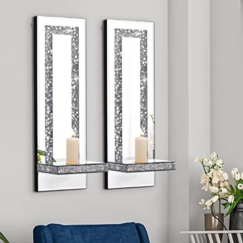 41iXMNz9y-L._SL500_.jpg Aeveco Crystal Crush Diamond Wall Candle Sconces - Set of 2 Silver Holders for Living & Dining Rooms (Rectangle Stripe Style 4) - Image 5