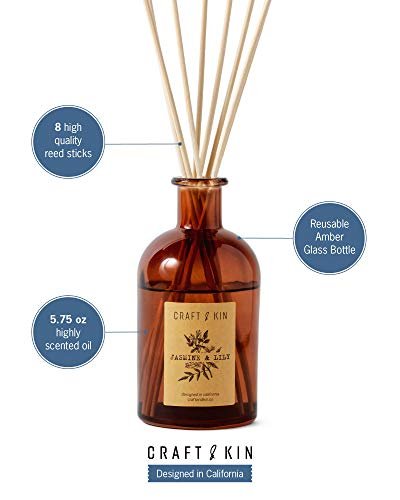 41jGpuK86NL._SL500_.jpg Craft & Kin Lily & Jasmine Reed Diffuser | All-Natural Oil, 8 Rattan Sticks | Lasting Home Fragrance in Amber Glass, 5.75oz - Image 8