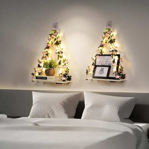 41kWC4CNHVL._SL500_.jpg No-Drill Floating Wall Shelves with Art, Leaves & Light Strip - Set of 2 Plant Decor for Home & Office, Boho Style Gifts for Women. - Image 4