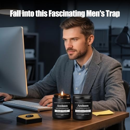 41l2PLUK1xL._SL500_.jpg Men's Candle Set β 4 Pack of Masculine Soy Candles for Home, Includes Sandalwood Leather & More - Image 4