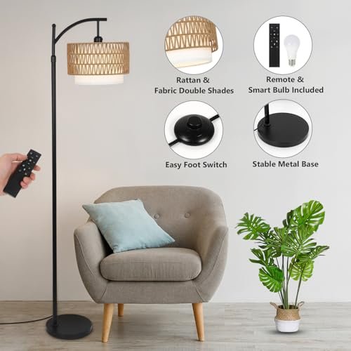 41mnn-yaQHL._SL500_.jpg Arc Floor Lamp for Living Room: 3 Color Temperatures, Remote-Controlled, Dimmable Bulb, Boho Style with Rattan Shades - Image 4