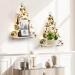 No-Drill Floating Wall Shelves with Art, Leaves & Light Strip - Set of 2 Plant Decor for Home & Office, Boho Style Gifts for Women. - Image 2