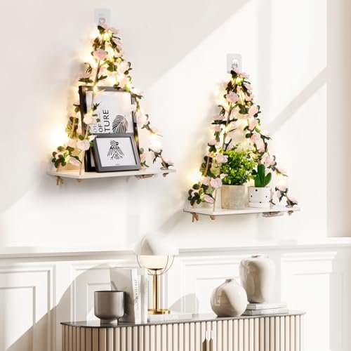41qkdMuJ3L._SL500_.jpg No-Drill Floating Wall Shelves with Art, Leaves & Light Strip - Set of 2 Plant Decor for Home & Office, Boho Style Gifts for Women. - Image 2