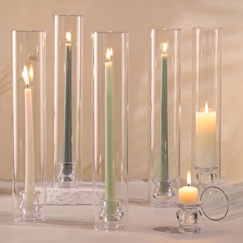 Volens Hurricane Glass Candle Holders - Set of 6, 14" Volens Hurricane Glass Candle Holders - Set of 6 Candlestick Holders for Taper Candles with Windproof Cylinder Covers 14" Tall Clear Glass Chimney Cover for Wedding Table Centerpiece Home Decor