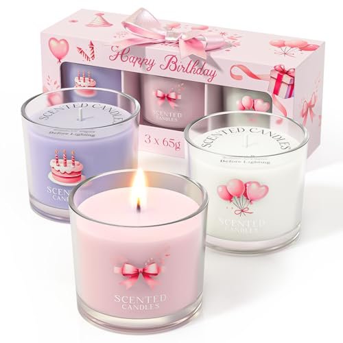 CHILLFLAME Birthday Candles Gift Set - Scented Votive Candles for CHILLFLAME Birthday Candles, Scented Candles Gift Set for Stress Relief, 3 Votive Candles for Women and Men, Birthday Candle Gifts for Women (Pink + Purple + White, 7 oz)