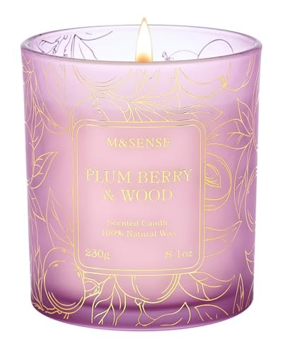 M&SENSE Plum Berries Wooden Scented Soy Candles - Vegan, Naturally Scented, No Toxin Relaxing Candles for Stress Relief, 7.8oz 42-Hour Burn Time, Housewarming Gift for Man Cave