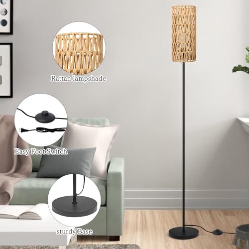 41uDKjHbXL._SL500_.jpg Ruiever Farmhouse Rattan Floor Lamp: Modern Black Standing Lamp with 3-Color LED Bulb and Foot Switch - Image 5