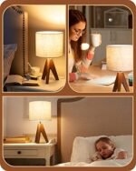 EDISHINE Tripod Table Lamp: Charming Bedside Lamp with Beige Linen Shade, Perfect for Nursery, Bedroom, or Living Room. 14.2" with Light Brown Wooden Base and E26 Socket. - Image 2