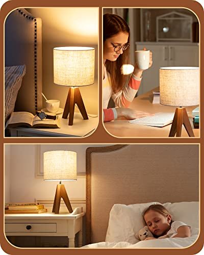 41vjUN-ZiL._SL500_.jpg EDISHINE Tripod Table Lamp: Charming Bedside Lamp with Beige Linen Shade, Perfect for Nursery, Bedroom, or Living Room. 14.2" with Light Brown Wooden Base and E26 Socket. - Image 2