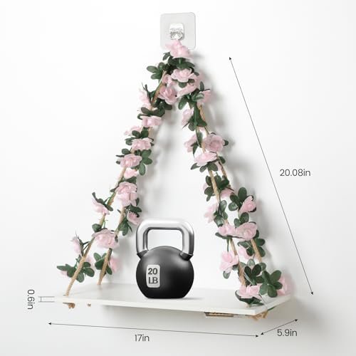 41vLw-I1MAL._SL500_.jpg No-Drill Floating Wall Shelves with Art, Leaves & Light Strip - Set of 2 Plant Decor for Home & Office, Boho Style Gifts for Women. - Image 3