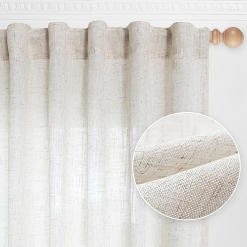 MYSKY HOME Linen Curtains for Living Room: Natural Semi-Sheer Drapes, MYSKY HOME Linen Curtains for Living Room, Natural Semi Sheer Curtains & Drapes 84 inches Length 2 Panels Set Farmhouse Country Boho Style Back Tab Draperies for Sliding Glass Door, 50" Wide, Linen