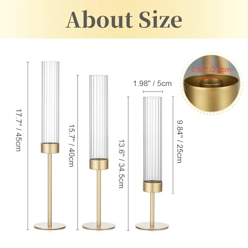 41yWxAEt4FL._SL500_.jpg Hewory Gold Hurricane Candle Holders: Set of 3 Brass Tall Taper Holders for Weddings, Parties, and Christmas Décor. - Image 5