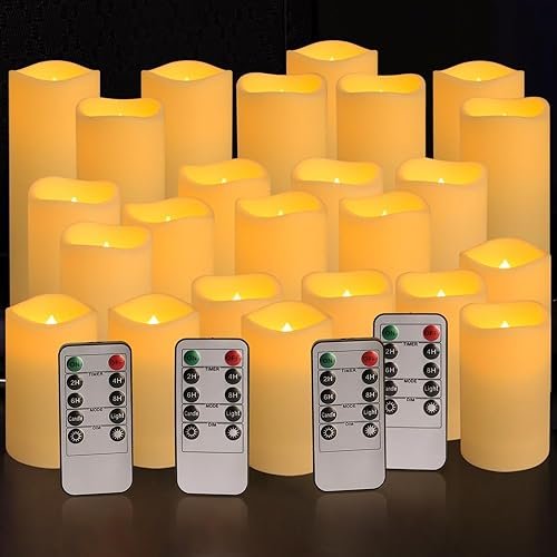 YOROXRG 24-Piece Waterproof LED Flameless Candle Set with 4 Remotes YOROXRG Set of 24 Waterproof Outdoor Flameless Candles, LED Candles with 4 Remote and Timer,(H 4" 5" 6" x D 2.2"),for Halloween Wedding Festiv