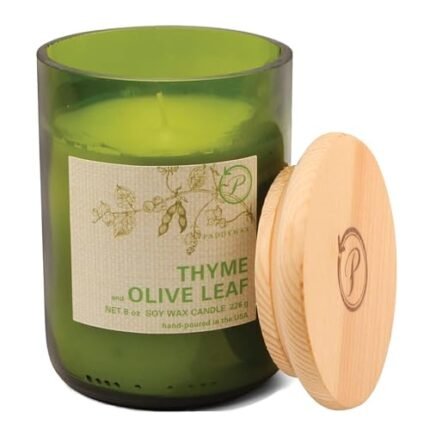 Paddywax Eco Collection Scented Soy Wax Candle in Glass Jar, Thyme & Olive Leaf Fragrance, Green Vessel with Wood Lid, 8 oz
