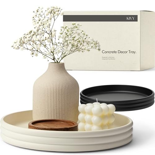 KIVY 11" Round Decorative Concrete Tray - Modern Coffee Table KIVY Round Decorative Concrete Tray 11x1,5 Inch - Modern Circle Coffee Table Tray - Home Decor Flat Bowl for Livingroom & Bedroom - Bandejas Decorativas - Circle Coffee Table Centerpiece (Cream)