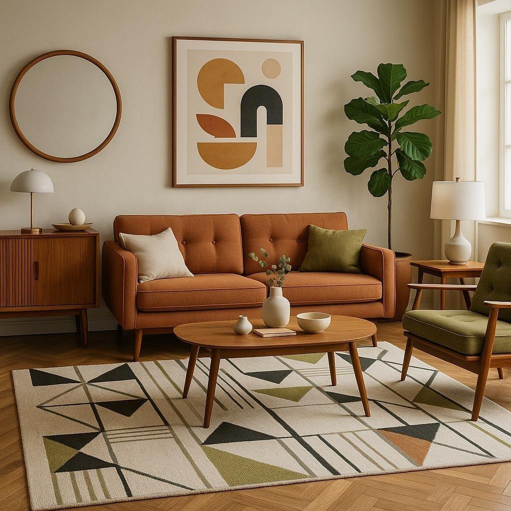 How can I incorporate a mid-century modern look into my living room decor?