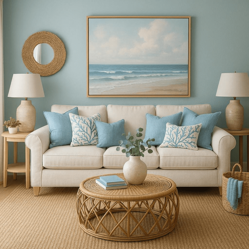 How can I incorporate a coastal color palette into my living room decor?
