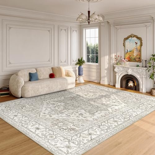 51LkQ6fnL._SL500_.jpg Befbee 8x10 Beige Area Rug: Washable, Stain-Resistant Vintage Design for Living & Dining Rooms. Non-Slip. - Image 4