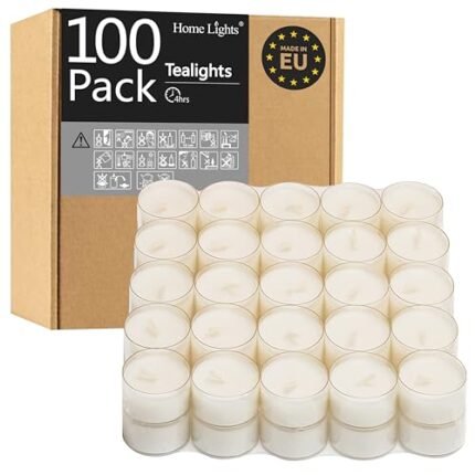 Tealight Candles, Giant 100,200,300 Bulk Packs, 4-4.5 Hrs White Unscented European Smokeless Clear Cup Tea Lights for Shabbat, Weddings, Christmas, Home Decorative- 100 Pack