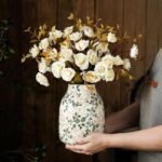Green and Beige Vintage Chinoiserie Floral Vase - Rustic 7.8 Inch Ceramic Decor for Home, Office, and Grand Millennial Style. - Image 2