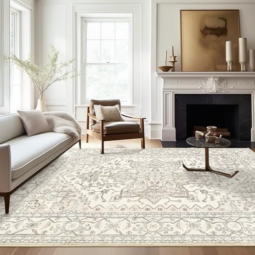 510QomY5glL._SL500_.jpg Befbee 8x10 Beige Area Rug: Washable, Stain-Resistant Vintage Design for Living & Dining Rooms. Non-Slip. - Image 8