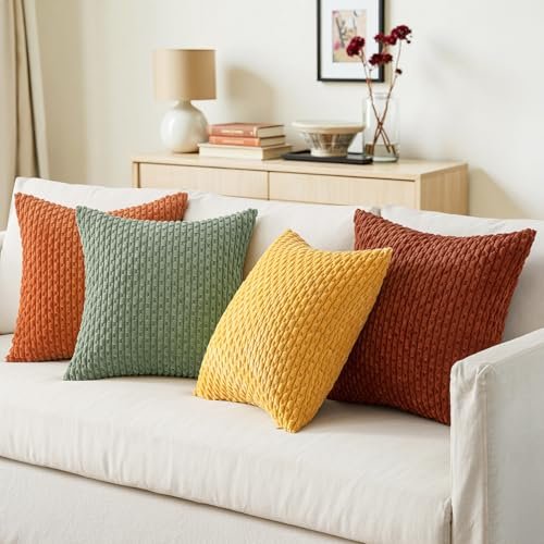 510gRQ0w8L._SL500_.jpg MIULEE Set of 4 Burnt Orange Boho Striped 18x18-Inch Corduroy Pillow Covers for Couch & Sofa Decor - Image 3