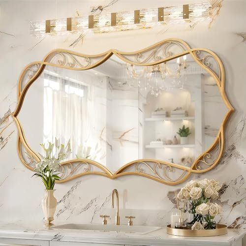 Besdomus Gold Wall Mirror: 24"x48" Antique, Versatile Hanging for Living Besdomus Bathroom Gold Wall Mirror: 24"x48" Antique Large Mirror for Wall - Vertical or Horizontal Hanging - Home Decor for Living Room/Entryway/Fireplace/Hallway