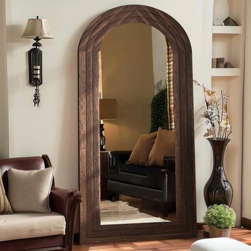 511mMAau5zL._SL500_.jpg ZHUNFA 71x32 Arched Full-Length Mirror with Solid Wood Frame for Bedroom & Living Room, Brown Finish. - Image 9