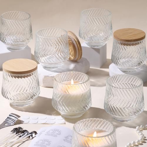 8-Pack 7 OZ Clear Glass Candle Jars with Ribbed Design, 8 Pcs 7 OZ Clear Candle Jars for Making Candles, Ribbed Unique Candle Jars, Glass Jars with bamboo Lids and Labels for Candle Making Supplies, Container, Gift