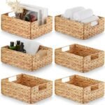BLUEWEST Water Hyacinth Storage Baskets (Set of 6) – Woven Hyacinth Organizer with Carrying Handles, Laundry Basket for Organizing, Rattan Bin for Shelves