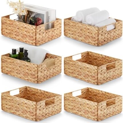 BLUEWEST Water Hyacinth Storage Baskets (Set of 6) – Woven Hyacinth Organizer with Carrying Handles, Laundry Basket for Organizing, Rattan Bin for Shelves