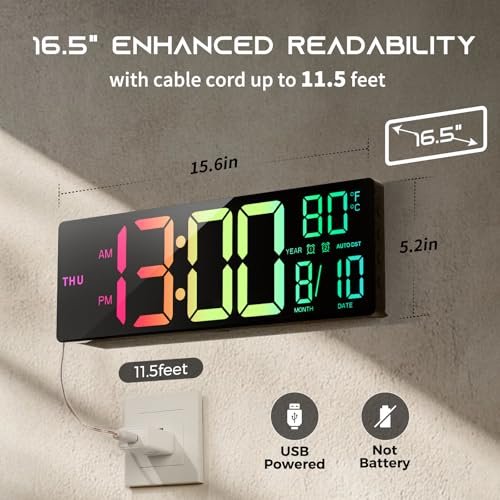 517wnwS2bOL._SL500_.jpg EASYERA 16.5" Digital Wall Clock: Bluetooth Sync, RGB Lights, Remote Control, Dual Alarms, Auto DST, Temp Display - Perfect for Classroom & Gaming. - Image 4