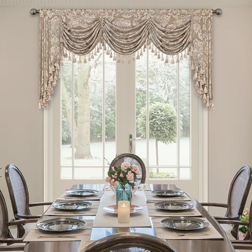 518y0ocWpkL._SL500_.jpg Loom and Mill Luxury Waterfall Valance - Elegant Jacquard Curtain with Tassels for Living Room, Bedroom (Light Coffee, 79" W, 1 Panel) - Image 7