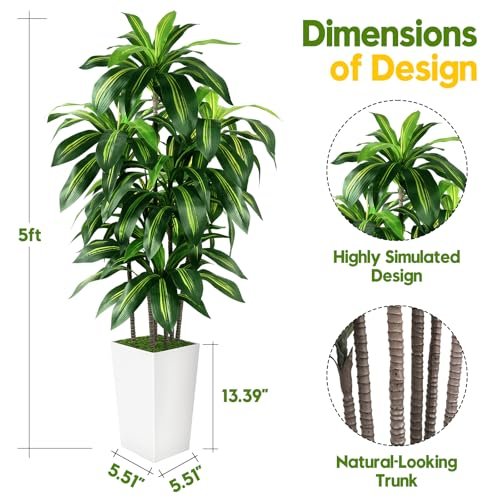 519yuBhKghL._SL500_.jpg 5FT Artificial Dracaena Tree with White Planter - Perfect for Home & Office Decor, Ideal Housewarming Gift! - Image 4