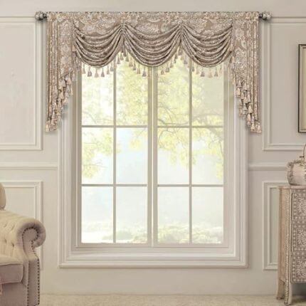 Loom and Mill Luxury Waterfall Valances for Windows, Elegant Jacquard Thick Swag Curtains Valance with Tassels for Living Room, Bedroom Party Banquet Decorations (Light Coffee, W79 Inch, 1 Panel)