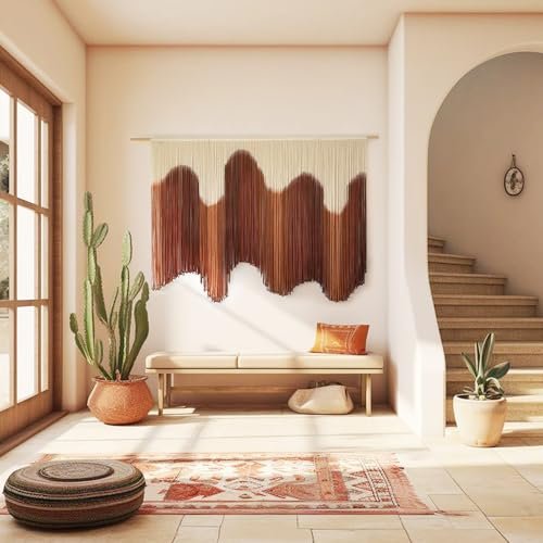51CL4K25qL._SL500_.jpg IOWER Large Brown Dip-Dyed Macrame Wall Hanging - Handmade Boho Fiber Art for Bedroom & Living Room (57"W x 39"L) - Image 5